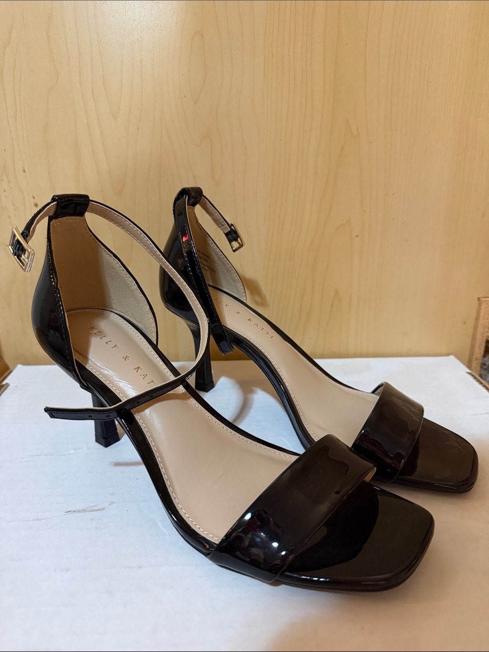 Kelly & Katie Black Patent Ankle Strap Mid-Heel Sandals